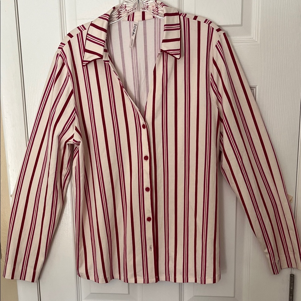 SOMA NWOT modal cotton button up long sleeve stripe pajama top cream red Large